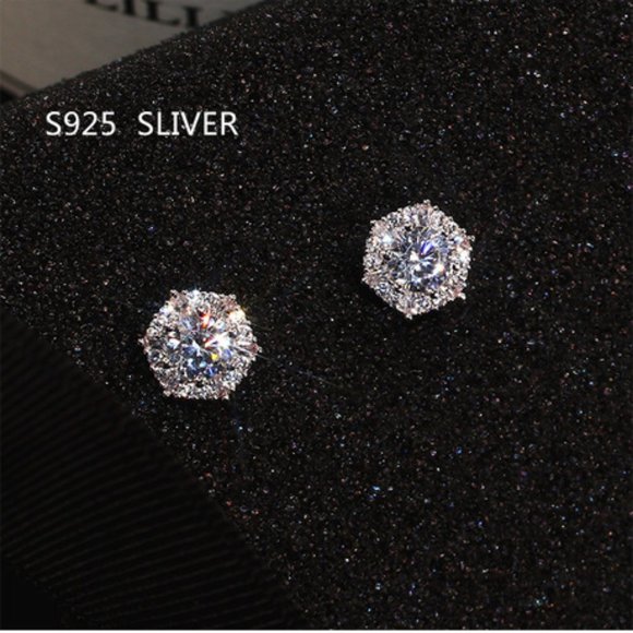NEW 925 Silver Round Diamond Halo Hexagon Stud Earrings - Picture 2 of 3
